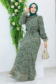 Neva Style - Çiçek Desenli Haki Tesettür Elbise 29713HK - Thumbnail