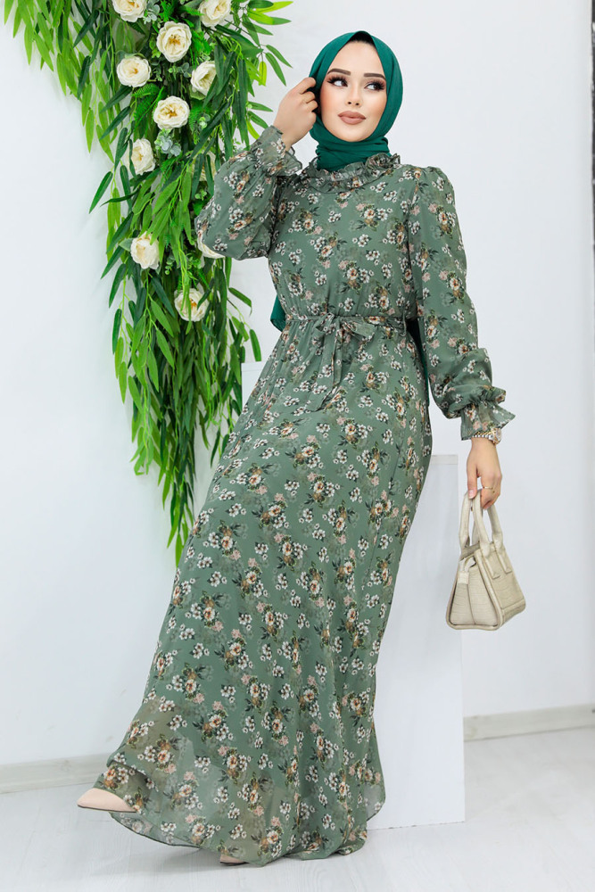 Neva Style - Çiçek Desenli Haki Tesettür Elbise 29713HK - 1