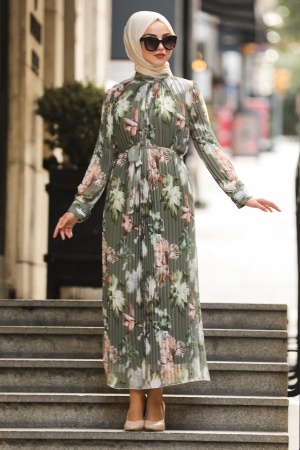  Çiçek Desenli Haki Tesettür Elbise 33251HK - 1