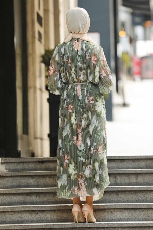  Çiçek Desenli Haki Tesettür Elbise 33251HK - 3