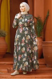 Neva Style - Çiçek Desenli Haki Tesettür Elbise 50191HK - Thumbnail