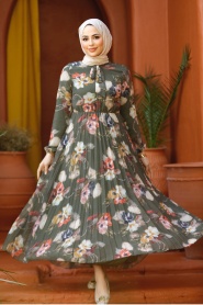 Neva Style - Çiçek Desenli Haki Tesettür Elbise 50191HK - Thumbnail