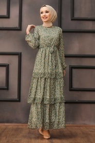 Neva Style - Çiçek Desenli Haki Tesettür Elbise 53470HK - Thumbnail