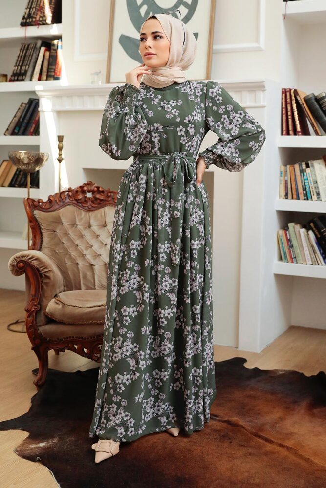 Neva Style - Çiçek Desenli Haki Tesettür Elbise 56830HK - 1