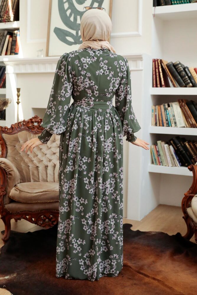 Neva Style - Çiçek Desenli Haki Tesettür Elbise 56830HK - 2