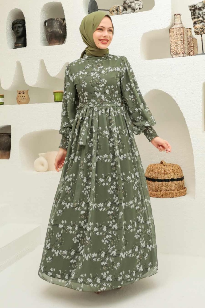 Neva Style - Çiçek Desenli Haki Tesettür Elbise 5683HK - 1