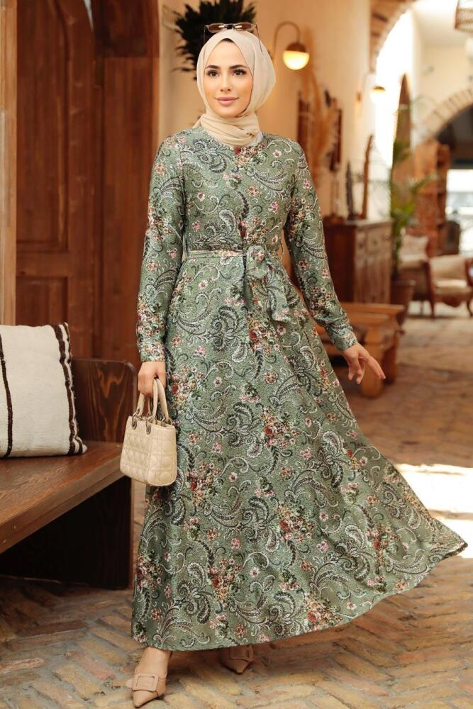 Neva Style - Çiçek Desenli Haki Tesettür Elbise 7692HK - 1