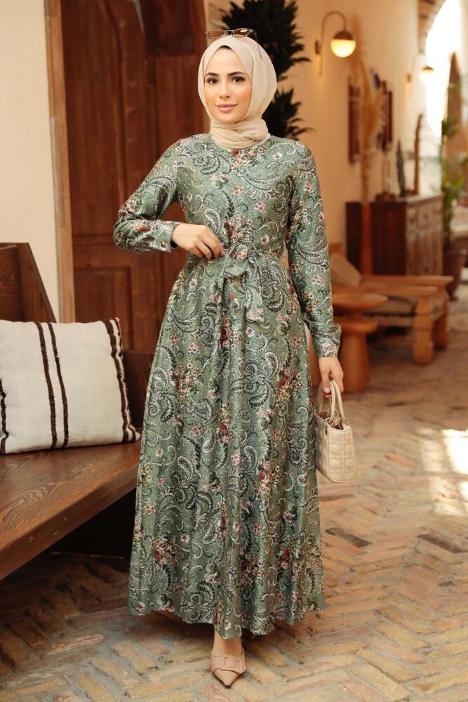 Neva Style - Çiçek Desenli Haki Tesettür Elbise 7692HK - 2