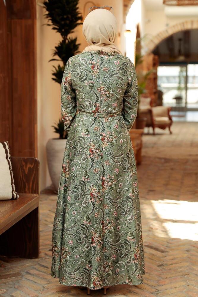 Neva Style - Çiçek Desenli Haki Tesettür Elbise 7692HK - 3