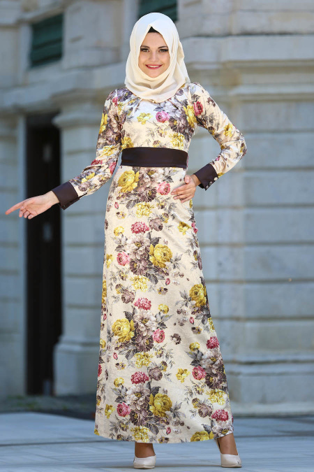 Neva Style - Çiçek Desenli Hardal Kadife Tesettür Elbise 2088HR