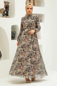 Neva Style - Çiçek Desenli Hardal Tesettür Elbise 279029HR - Thumbnail