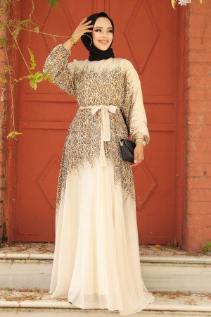 Neva Style - Çiçek Desenli Hardal Tesettür Elbise 39821HR - 1