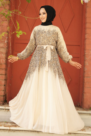 Neva Style - Çiçek Desenli Hardal Tesettür Elbise 39821HR - 2