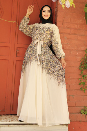 Neva Style - Çiçek Desenli Hardal Tesettür Elbise 39821HR - 3