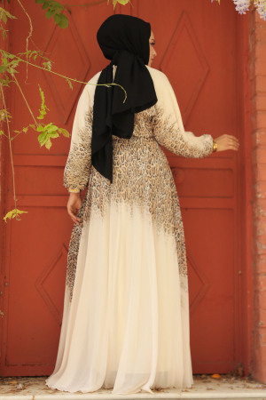 Neva Style - Çiçek Desenli Hardal Tesettür Elbise 39821HR - 4