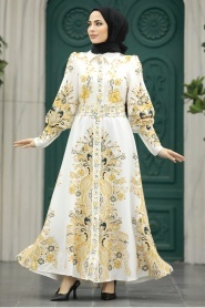 Neva Style - Çiçek Desenli Hardal Tesettür Poplin Elbise 22143HR - Thumbnail
