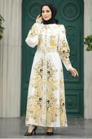 Neva Style - Çiçek Desenli Hardal Tesettür Poplin Elbise 22143HR - Thumbnail