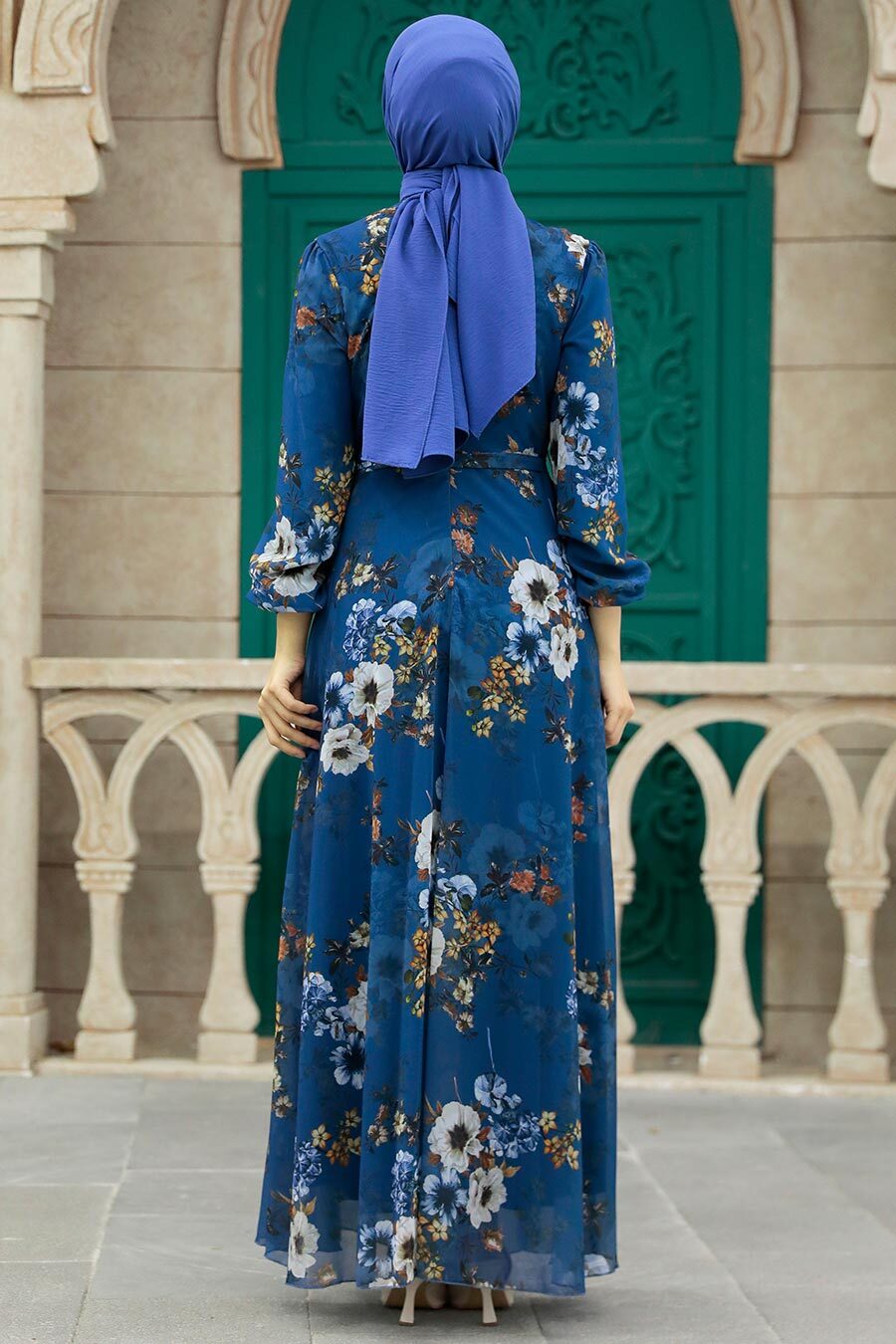 Neva Style - Çiçek Desenli İndigo Mavisi Tesettür Elbise 279078IM
