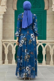 Neva Style - Çiçek Desenli İndigo Mavisi Tesettür Elbise 279078IM - Thumbnail
