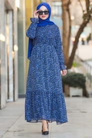 Neva Style - Çiçek Desenli İndigo Mavisi Tesettür Elbise 10066IM - Thumbnail