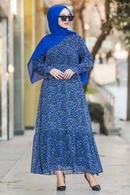 Neva Style - Çiçek Desenli İndigo Mavisi Tesettür Elbise 10066IM - Thumbnail