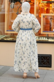 Neva Style - Çiçek Desenli İndigo Mavisi Tesettür Elbise 10262IM - Thumbnail