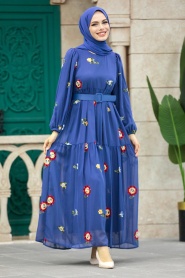 Neva Style - Çiçek Desenli İndigo Mavisi Tesettür Elbise 10270IM - Thumbnail