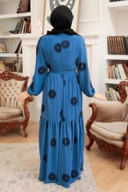 Neva Style - Çiçek Desenli İndigo Mavisi Tesettür Elbise 10281IM - Thumbnail