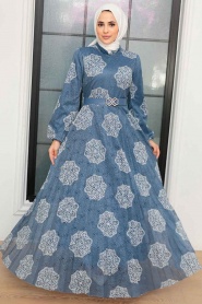Neva Style - Çiçek Desenli İndigo Mavisi Tesettür Elbise 11870IM - Thumbnail