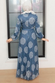Neva Style - Çiçek Desenli İndigo Mavisi Tesettür Elbise 11870IM - Thumbnail