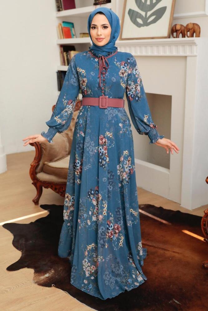 Neva Style - Çiçek Desenli İndigo Mavisi Tesettür Elbise 1198IM - 1