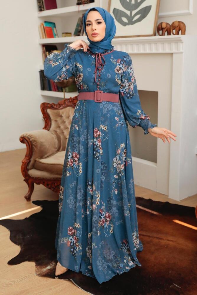 Neva Style - Çiçek Desenli İndigo Mavisi Tesettür Elbise 1198IM - 2