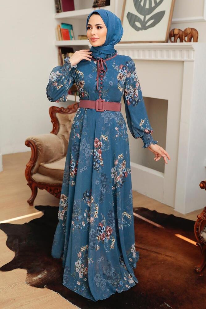 Neva Style - Çiçek Desenli İndigo Mavisi Tesettür Elbise 1198IM - 3