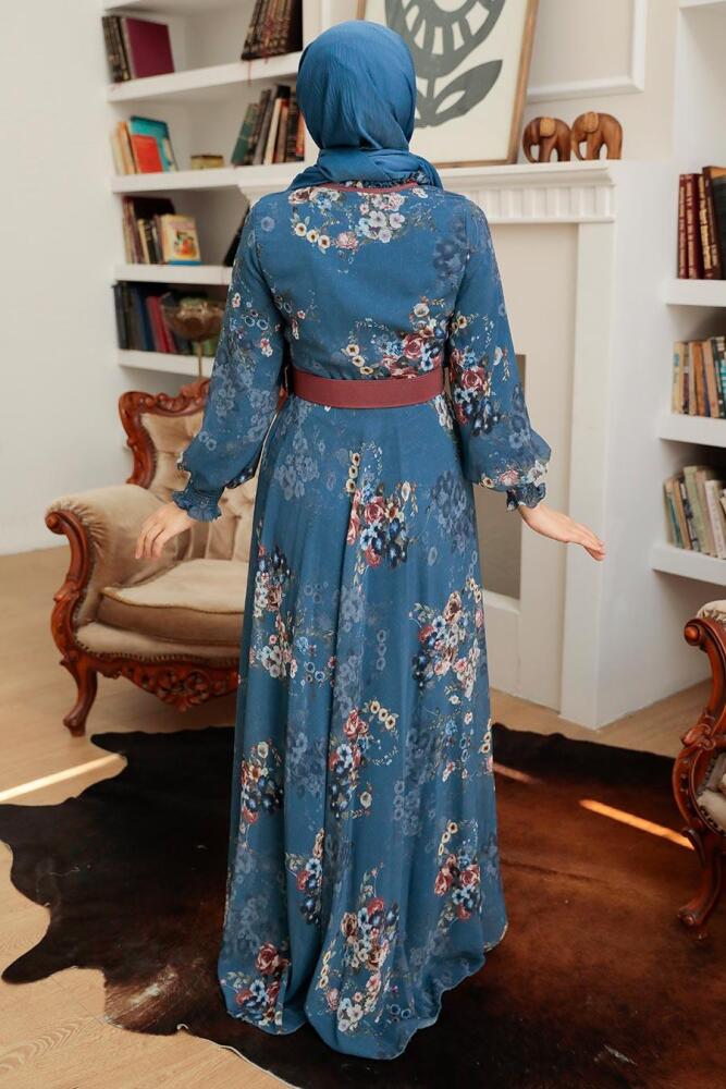 Neva Style - Çiçek Desenli İndigo Mavisi Tesettür Elbise 1198IM - 4