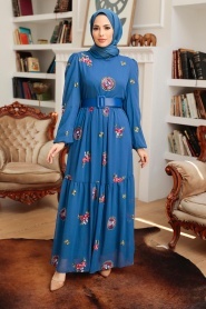Neva Style - Çiçek Desenli İndigo Mavisi Tesettür Elbise 12040IM - Thumbnail