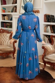 Neva Style - Çiçek Desenli İndigo Mavisi Tesettür Elbise 12040IM - Thumbnail