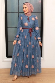 Neva Style - Çiçek Desenli İndigo Mavisi Tesettür Elbise 1216IM - Thumbnail