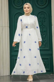 Neva Style - Çiçek Desenli İndigo Mavisi Tesettür Elbise 13321IM - Thumbnail