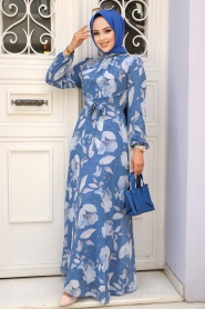 Neva Style - Çiçek Desenli İndigo Mavisi Tesettür Elbise 279016IM - Thumbnail