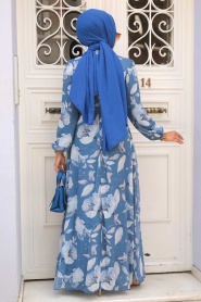 Neva Style - Çiçek Desenli İndigo Mavisi Tesettür Elbise 279016IM - Thumbnail