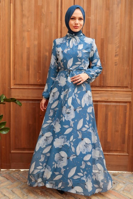 NEVA STYLE - Neva Style - Çiçek Desenli İndigo Mavisi Tesettür Elbise 279016IM
