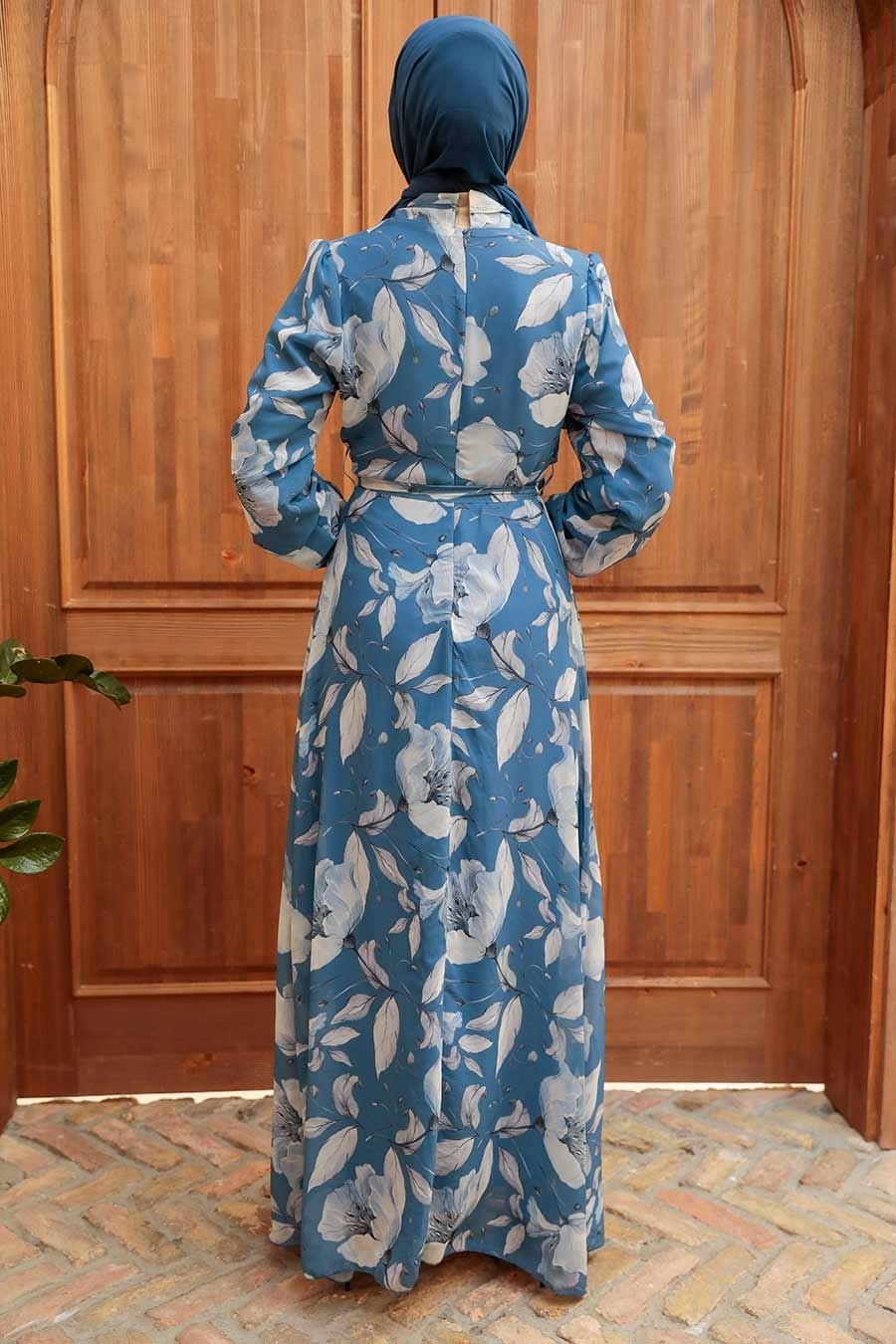 Neva Style - Çiçek Desenli İndigo Mavisi Tesettür Elbise 279016IM