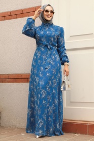 Neva Style - Çiçek Desenli İndigo Mavisi Tesettür Elbise 279047IM - Thumbnail