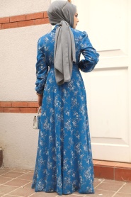 Neva Style - Çiçek Desenli İndigo Mavisi Tesettür Elbise 279047IM - Thumbnail
