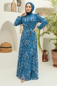 Neva Style - Çiçek Desenli İndigo Mavisi Tesettür Elbise 279061IM - Thumbnail