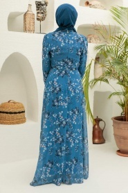 Neva Style - Çiçek Desenli İndigo Mavisi Tesettür Elbise 279061IM - Thumbnail