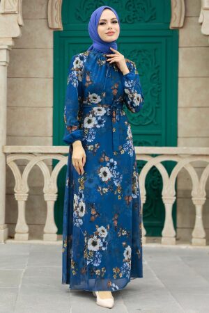 Neva Style - Çiçek Desenli İndigo Mavisi Tesettür Elbise 279078IM - 2
