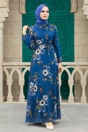 Neva Style - Çiçek Desenli İndigo Mavisi Tesettür Elbise 279078IM - 1