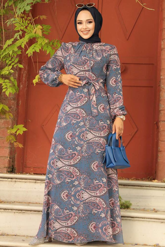 Neva Style - Çiçek Desenli İndigo Mavisi Tesettür Elbise 279081IM - 1