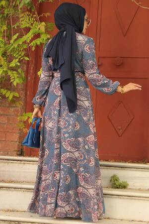 Neva Style - Çiçek Desenli İndigo Mavisi Tesettür Elbise 279081IM - 3